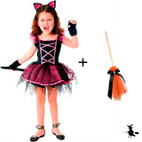 Fantasia Bruxa Gatinha C/ Chapéu Halloween Infantil Vassoura
