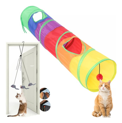 Kit Com 2 Brinquedo Para Gatos Túnel + Ratinho Fixação Porta