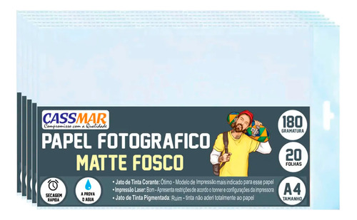 Papel Fotográfico 180g Matte A4 À Prova D´água 100 Folhas