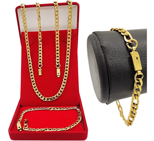 Corrente Masculina 60cm Grumet Banho Ouro 18k + Pulseira Top