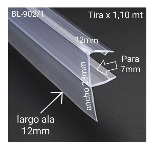 Burlete Mampara/vidrio/blindex/puerta 7mm-ala 12mm(1.10mt)