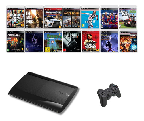 Playstation 3 Super Slim Ps3 81 Jogos Originais + The Last Of Us + Gta 5 + Pes 2018 + God Of War + Fifa 19 + Minecraft + Far Cry 4