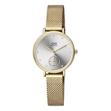 Reloj Metal Dama Qa97j001y Tejido Dorado Cara Plata Lujo Color Del Fondo Plateado