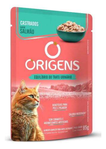 Kit Com 5 Sachês Origens Gatos Castrados Sabor Salmão 85g