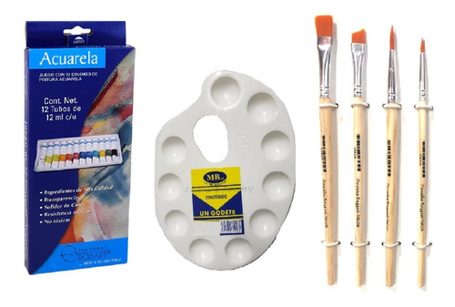 12 Tubos De Pintura Acuarela Rodart + Pinceles + Godete