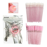 Kit De 50 Cepillos De Pestañas +50 Lip Brush + Removedor Color Rosa Espesor 1 Mm Largo 1 Mm Tipo De Curvatura C