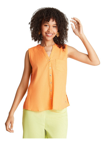 Blusa Lino Sin Mangas Con Botones - Naranja