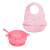 Kit Tigela Infantil Bebê Babador Colher De Silicone Rosa