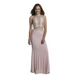 Vestido De Fiesta Rosa 2pz Crop Top Cristales Pedreria Piedr