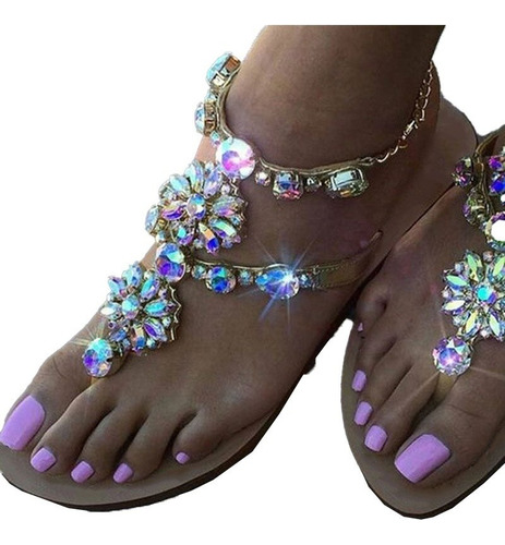 Elegantes Sandalias Planas For Mujer Con Strass