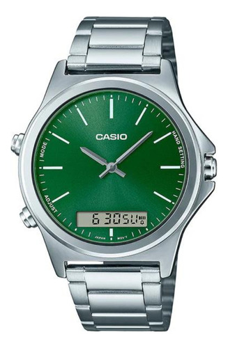 Reloj Casio Hombre Mtp-vc01d-3e Analogo Digital Fondo Verde Color De La Malla Plateado Color Del Bisel Plateado