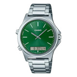 Reloj Casio Hombre Mtp-vc01d-3e Analogo Digital Fondo Verde Color De La Malla Plateado Color Del Bisel Plateado