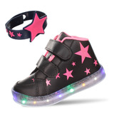 Tenis Botinha Estrela Infantil Com Luz De Led  Preto E Rosa