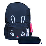 Mochila Juvenil Kawaii Con Cara De Conejo  Estuche Color Negro