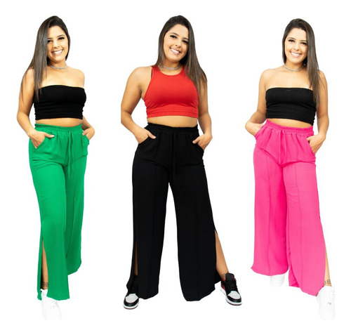 Kit 3 Calça Pantalona Feminina Com Fenda Lateral Alfaiataria