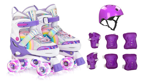 Patins Quad Tam. Ajustável Rodinhas Led Lindo + Kit Proteção