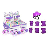 Patins Quad Tam. Ajustável Rodinhas Led Lindo + Kit Proteção