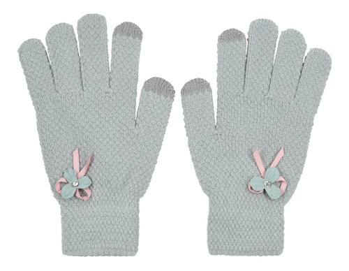 Guantes Para Frio De Tela Level 26 Tejido Gris Con Moño Rosa