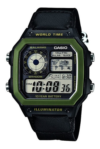 Reloj Pulsera Casio Digital Ae-1200 De Cuerpo Color Verde, Digital, Fondo Negro, Con Correa De Tela Color Negro Y Verde, Dial Negro, Subesferas Color Amarillo Y Negro, Minutero/segundero Negro, Bisel 