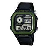 Reloj Pulsera Casio Digital Ae-1200 De Cuerpo Color Verde, Digital, Fondo Negro, Con Correa De Tela Color Negro Y Verde, Dial Negro, Subesferas Color Amarillo Y Negro, Minutero/segundero Negro, Bisel 