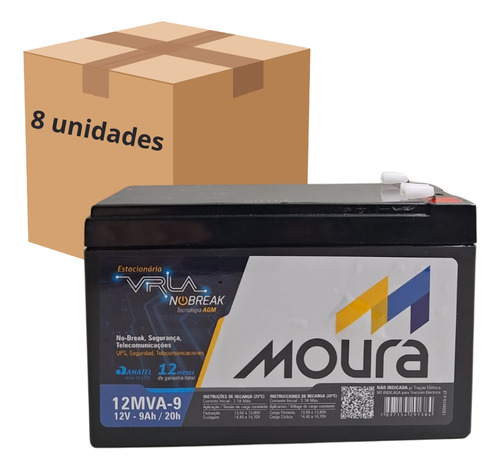 Kit 8 Bateria Estacionária 12v 9ah Nobreak Alarme Moura