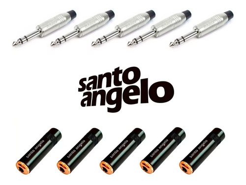 Kit C/ 5 Pares Plug Santo Angelo P10 Stereo Sa2x + P2 Fêmea 