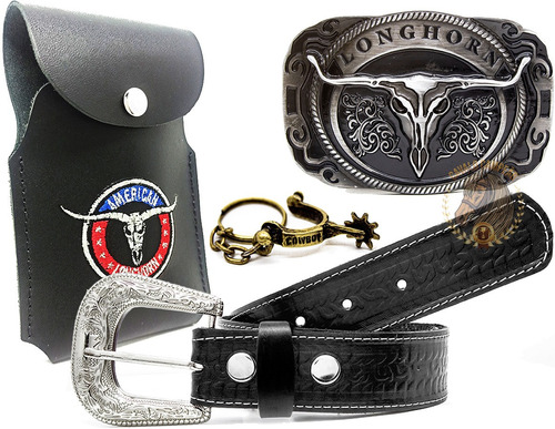 Kit Cowboy Cinto Em Couro Capinha Celular Fivela Longhorn