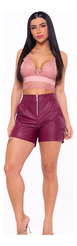 Shorts Feminino Médio Zíper Frontal E Bolsos Courino Premium