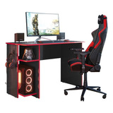 Mesa Para Computador Gamer 2 Prateleiras Suporte P Headset Cor Preto-vermelho