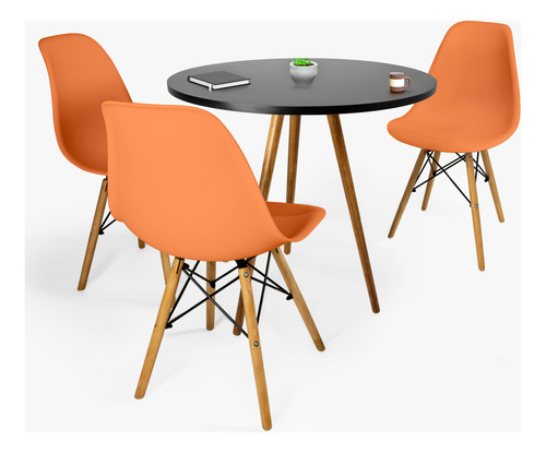 Mesa Mdf Redonda 70cm Preta + 3 Cadeiras Eiffel Dsw