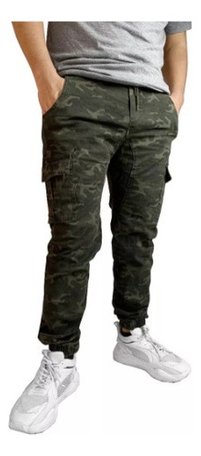 Pantalón Hombre Jogger Cargo Gabardina Elastizada Camuflado