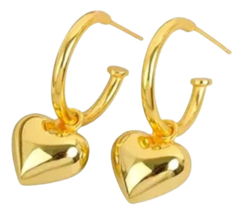 Aros Media Argolla Corazón Colgante Plata S925 Baño En Oro