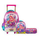 Kit Mochila Infantil Escolar Sereia Concha Rodinha G Meninas