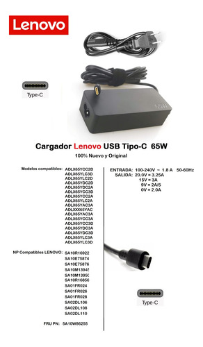 Cargador Lenovo Tipo C 65w 20v 3.25ª Original