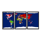 Quadros Decorativo Mapa Mundial Bandeiras Para Sala Quarto