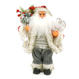 Papai Noel Cinza Decoração Natalina Casaco Pele Raquete 30cm