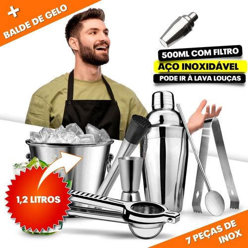 Combo Coqueteleira 500ml 7 Itens De Inox (vip Balde De Gelo)