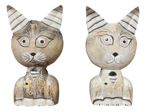 Escultura Decoração Gatos Madeira Bali Importado 