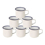 Caja De 6 Tazas Enlozada Jarro Mug. Bco. Y Azul  Diám 9x8cm 