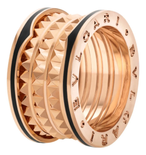 Bulgari Rose Gold Black Enamel Studded Ring Silver