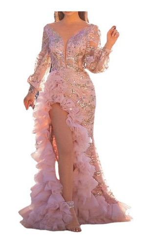 Vestido Mujer Noche Rosa Elegante Con Abertura Lentejuelas