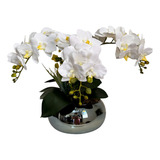 Arranjo De Orquídeas Em Silicone Em Vaso Cromado Grande