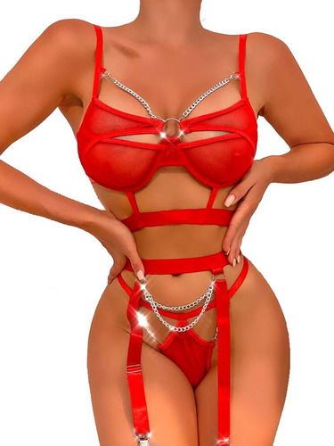 Conjunto Femenino Lencería Erótica Ropa Intima Cadenas Rojo