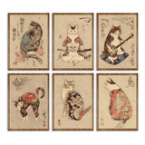 6 Piezas De Arte De Pared De Gato Samurai Japones De Cartele