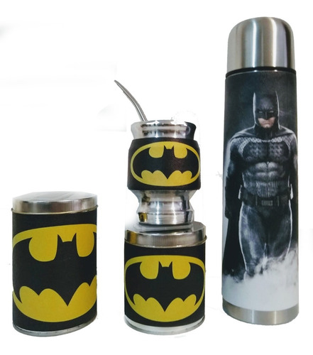 Set Matero 5 Componentes Batman Termo Acero 1 Litro De Acero Inoxidable Yerbera Azucarera Mate Bombilla De Acero