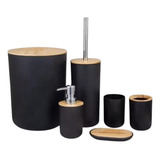 Conjunto Kit Banheiro Lavabo Tampa Bambu 6 Pcs Preto