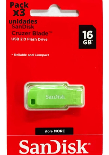 Pack X3 U. Pendrive 16 Gb Usb 2.0 Verde Pen Sandisk Llavero