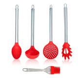 Jogo Colheres Kit De Cozinha Silicone Cabo Inox Doméstico 