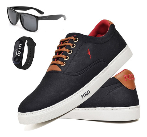 Tênis Polo Masculino Casual Sapatenis Kit Com Oculos Relogio