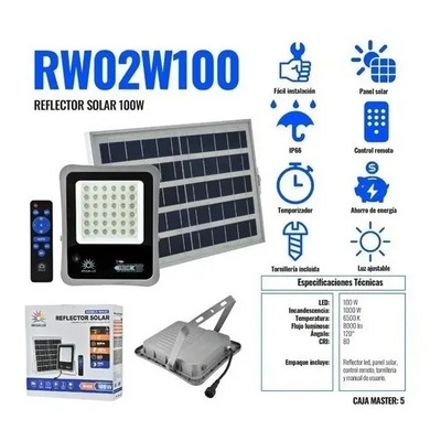 Reflector Solar Exterior 100w 8000lm Ip66 + Control Remoto Color De La Carcasa Gris Color De La Luz Blanco Frío
